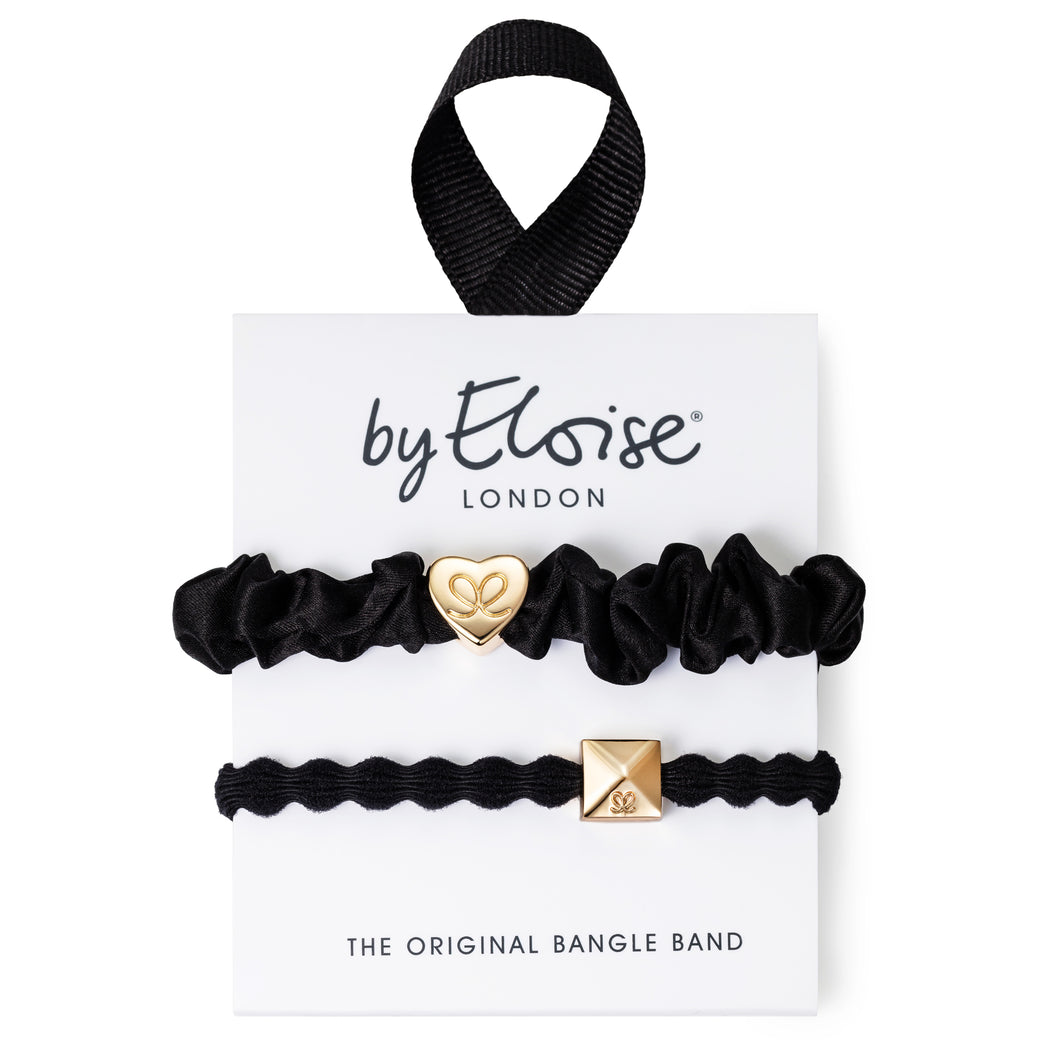 Black & Gold Silk Scrunchie & Stud Bangle Band Set