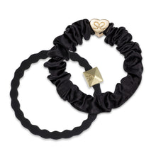 Load image into Gallery viewer, Black &amp; Gold Silk Scrunchie &amp; Stud Bangle Band Set